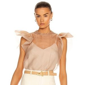 NWOT Jonathan Simkhai Corina Organza Ruffle Sleeve Crew Neck Top in Beige - XS